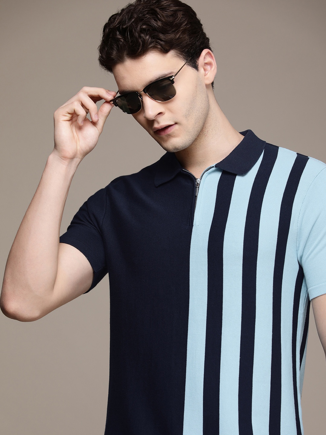 

French Connection Striped Polo Collar Pure Cotton T-shirt, Navy blue