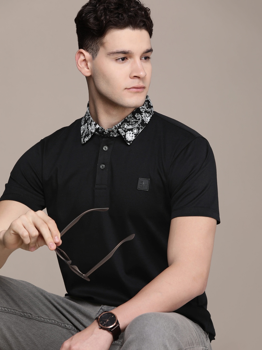 

French Connection Men Polo Collar Pure Cotton T-shirt, Black