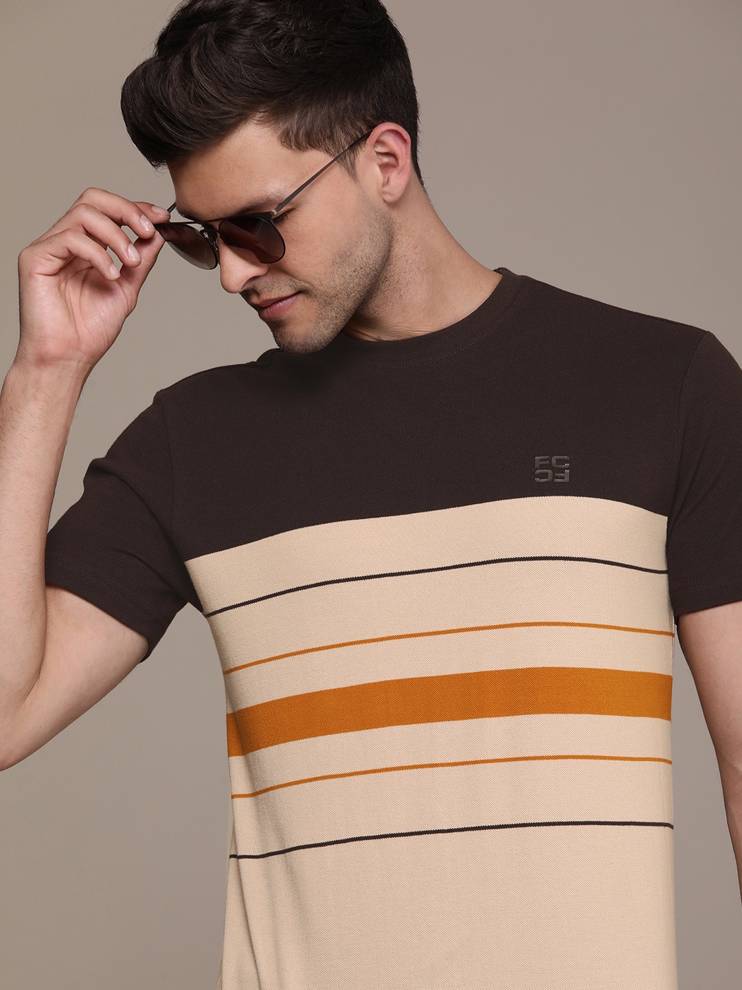 

French Connection Men Striped Pure Cotton T-shirt, Beige