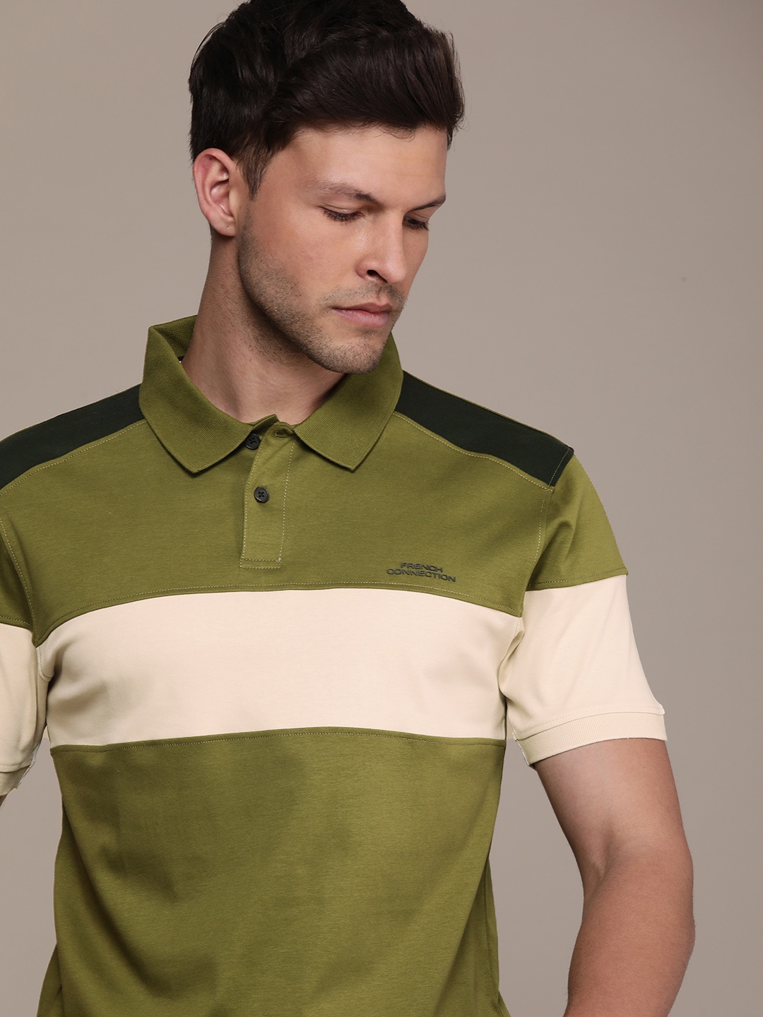 

French Connection Colourblocked Polo Collar Pure Cotton T-shirt, Olive