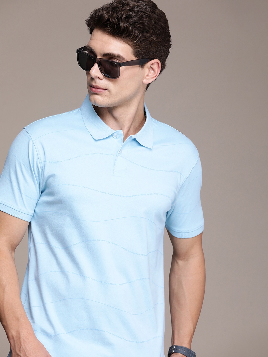 

French Connection Men Brand Logo Printed Polo Collar Pure Cotton T-shirt, Blue