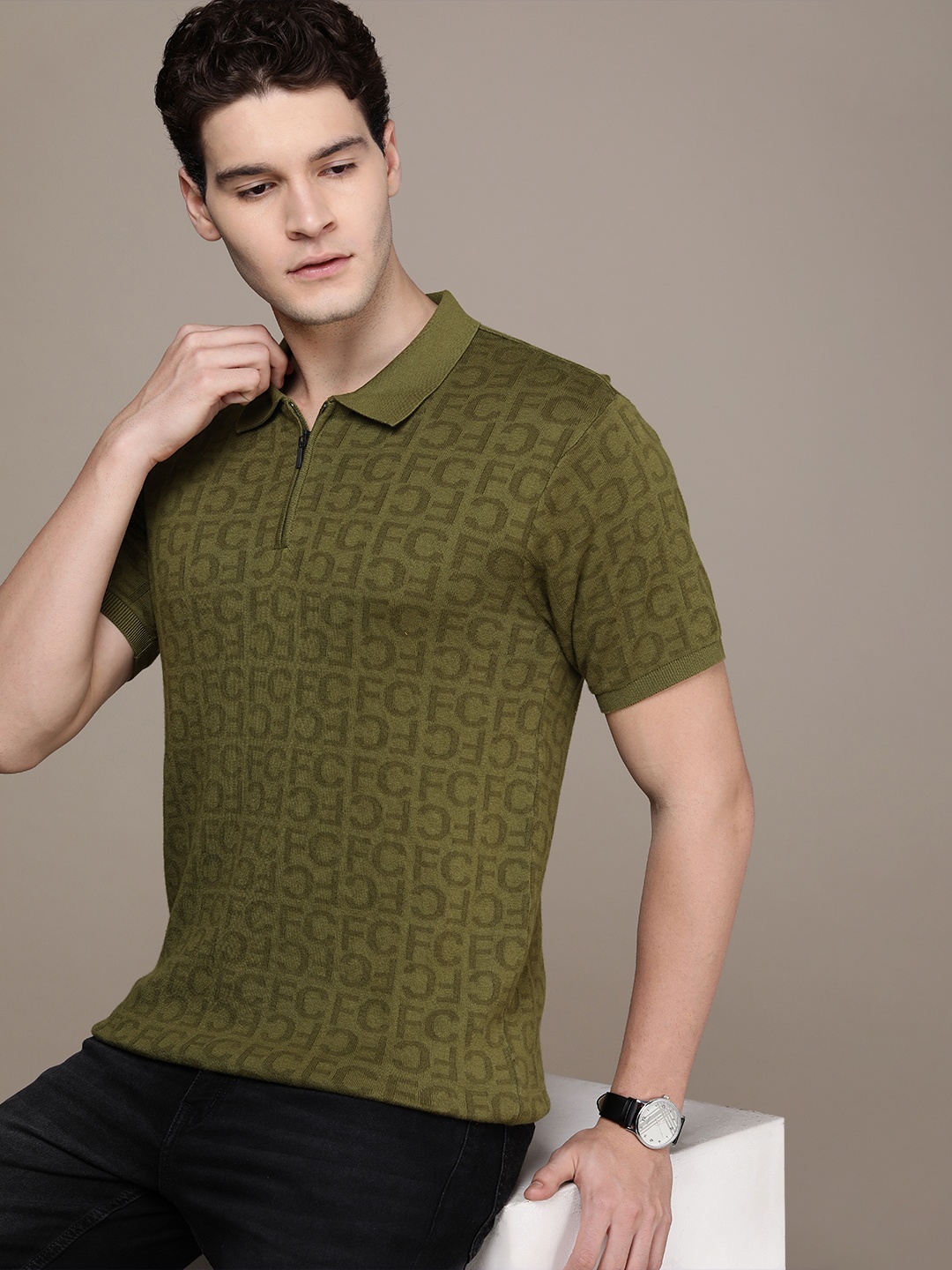 

French Connection Brand Logo Printed Polo Collar Pure Cotton T-shirt, Olive