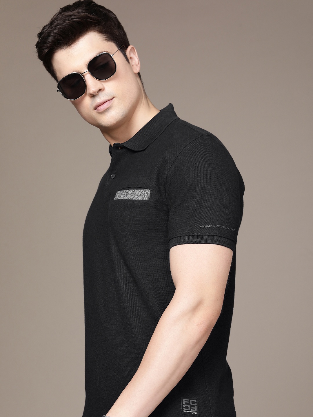 

French Connection Solid Polo Collar Pure Cotton Pocket T-shirt, Black