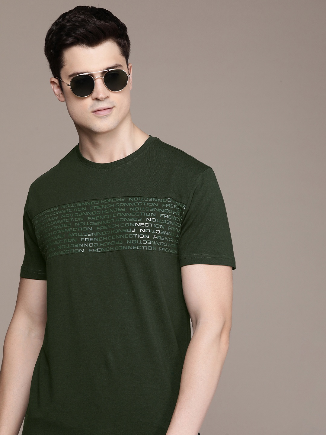 

French Connection Brand Logo Printed Round Neck Casual T-shirt, Olive