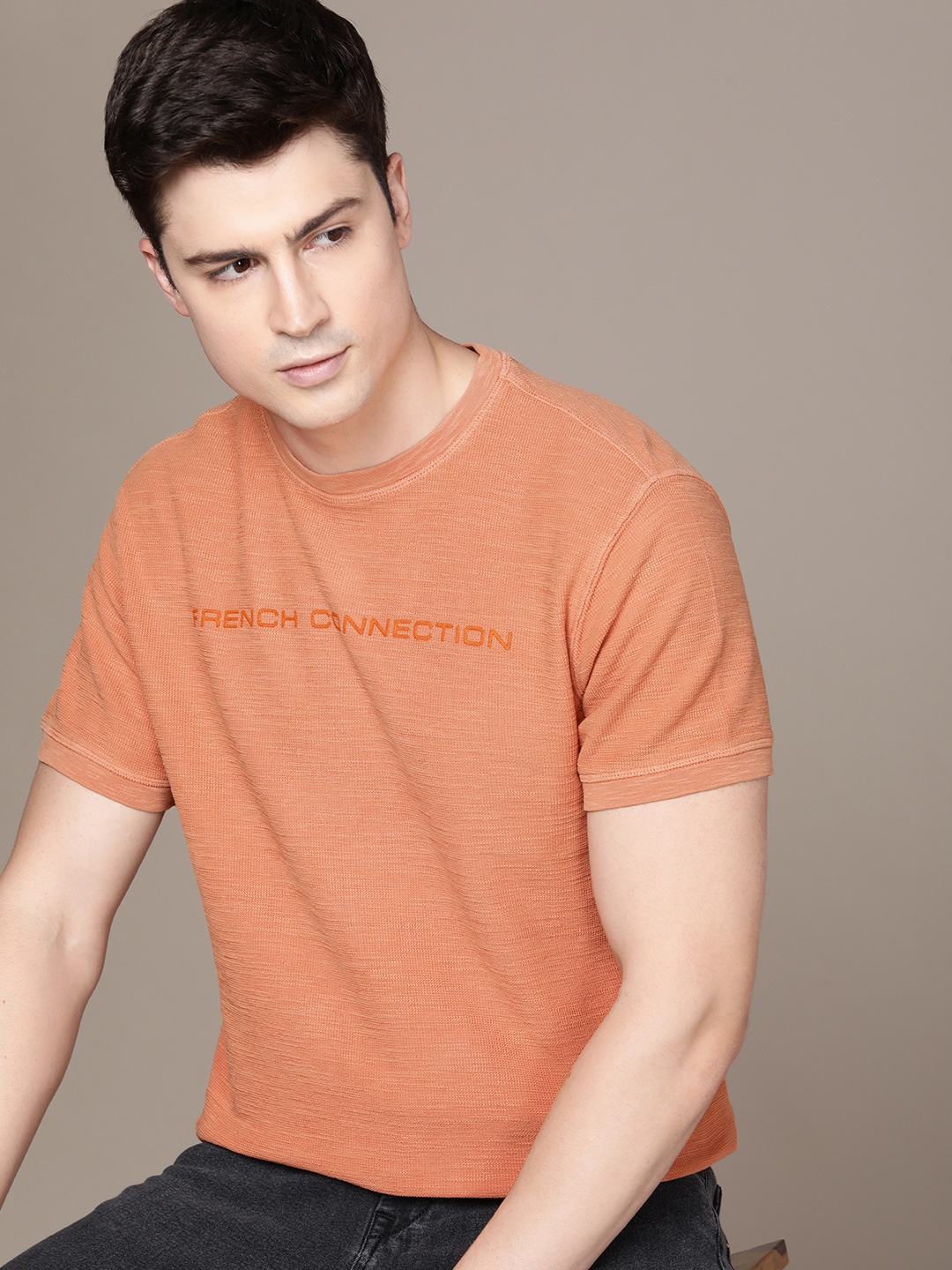 

French Connection Brand Logo Embroidered Pure Cotton T-shirt, Orange