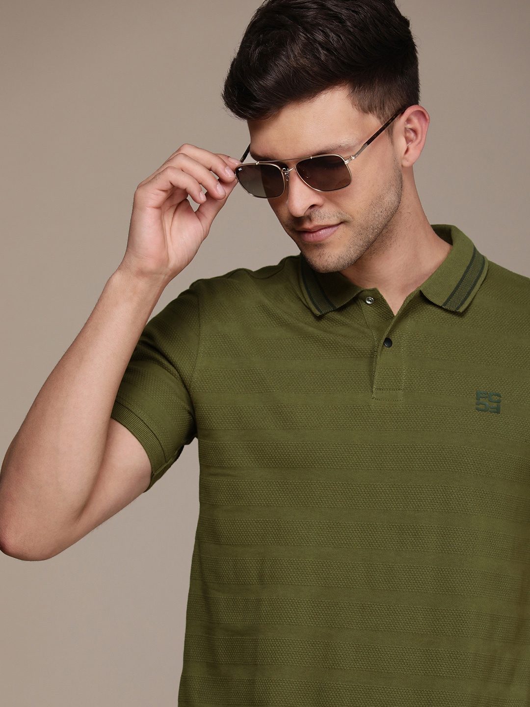

French Connection Self Striped Polo Collar Pure Cotton T-shirt, Olive