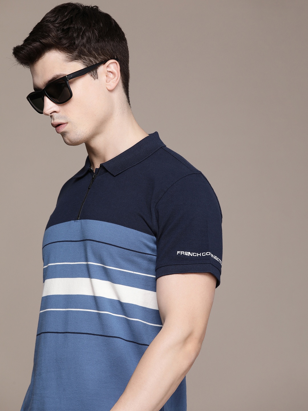 

French Connection Striped Polo Collar Pure Cotton T-shirt, Blue