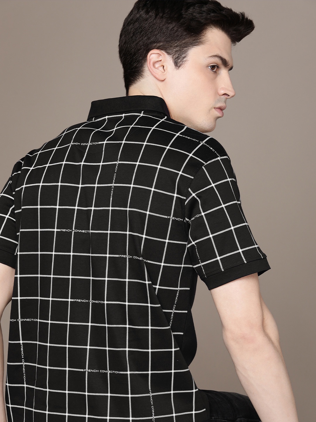 

French Connection Checked Polo Collar Pure Cotton T-shirt, Black