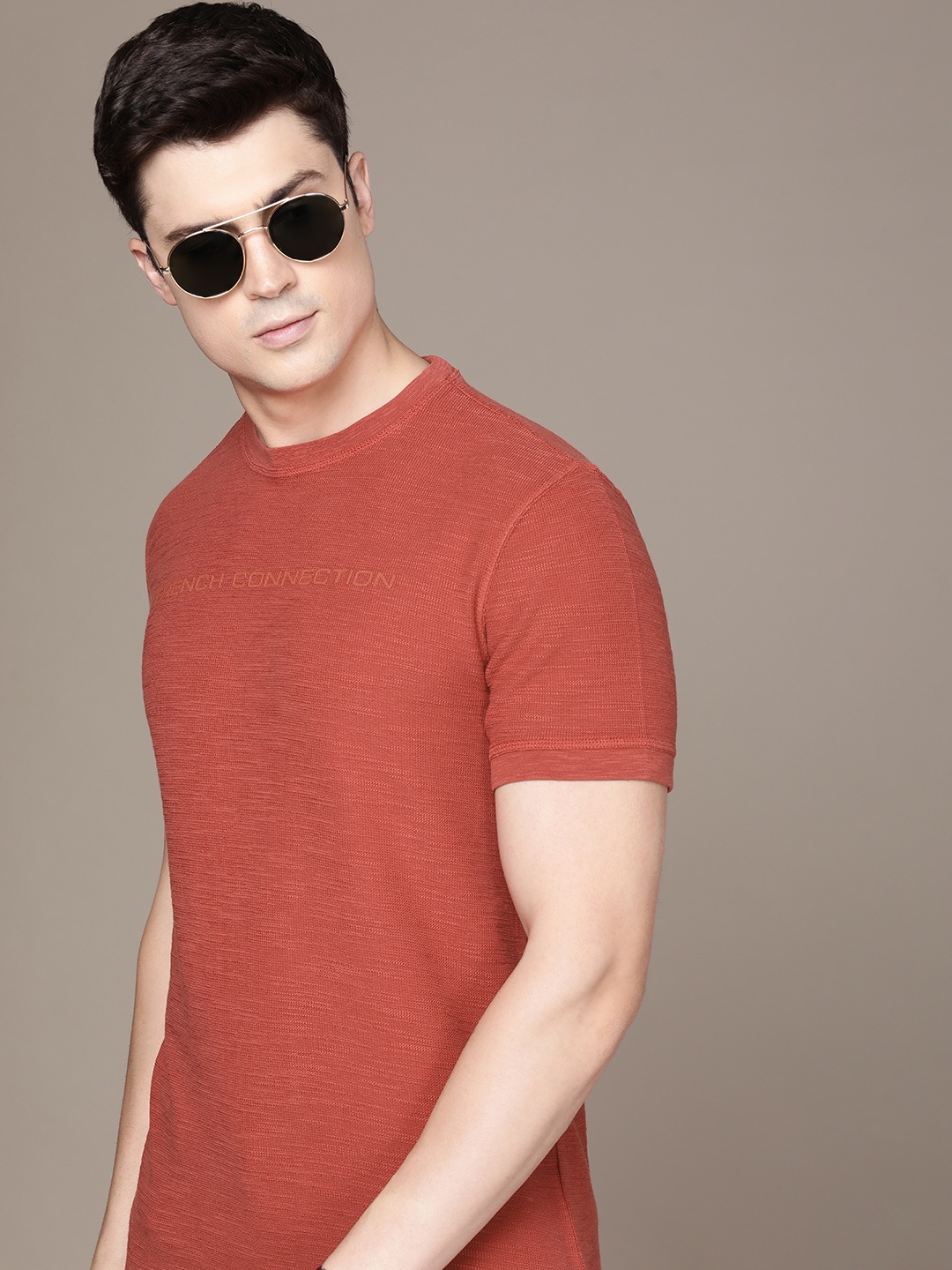 

French Connection Brand Logo Embroidered Pure Cotton T-shirt, Rust
