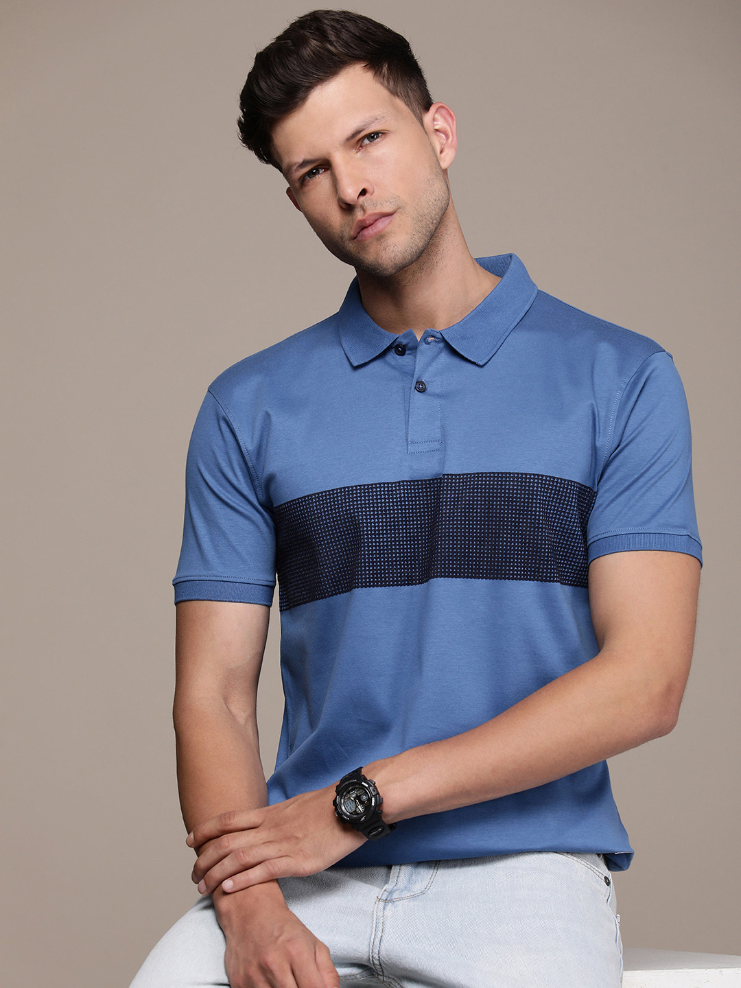

French Connection Self Design Polo Collar Pure Cotton T-shirt, Blue
