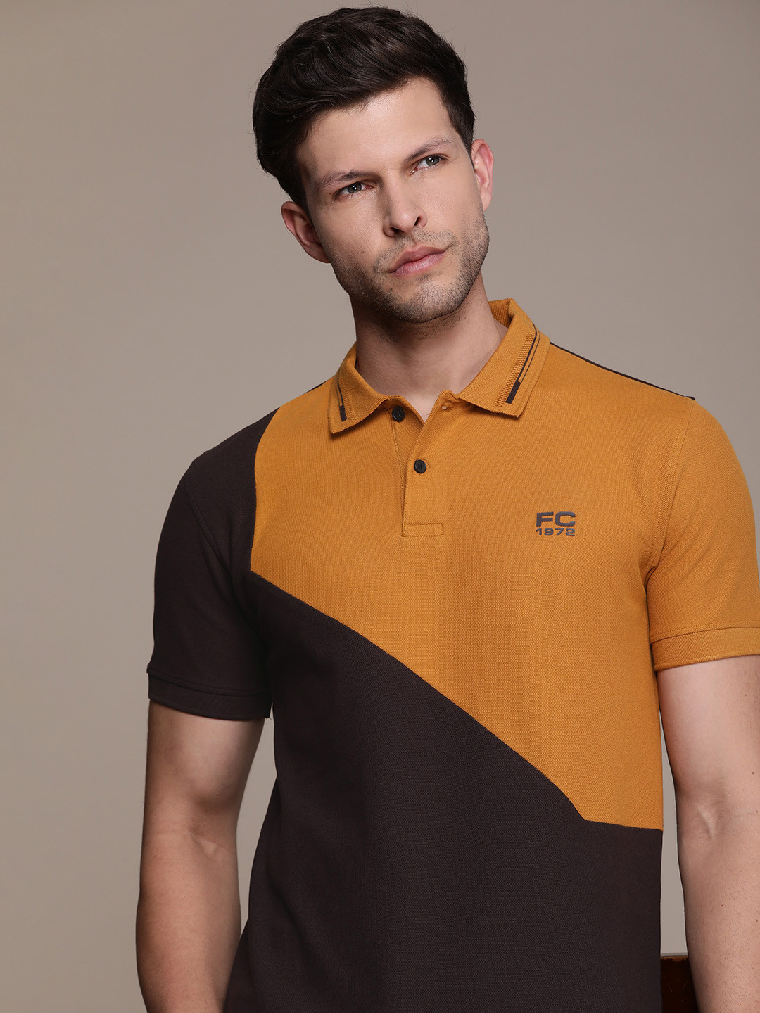

French Connection Colourblocked Polo Collar Pure Cotton T-shirt, Mustard