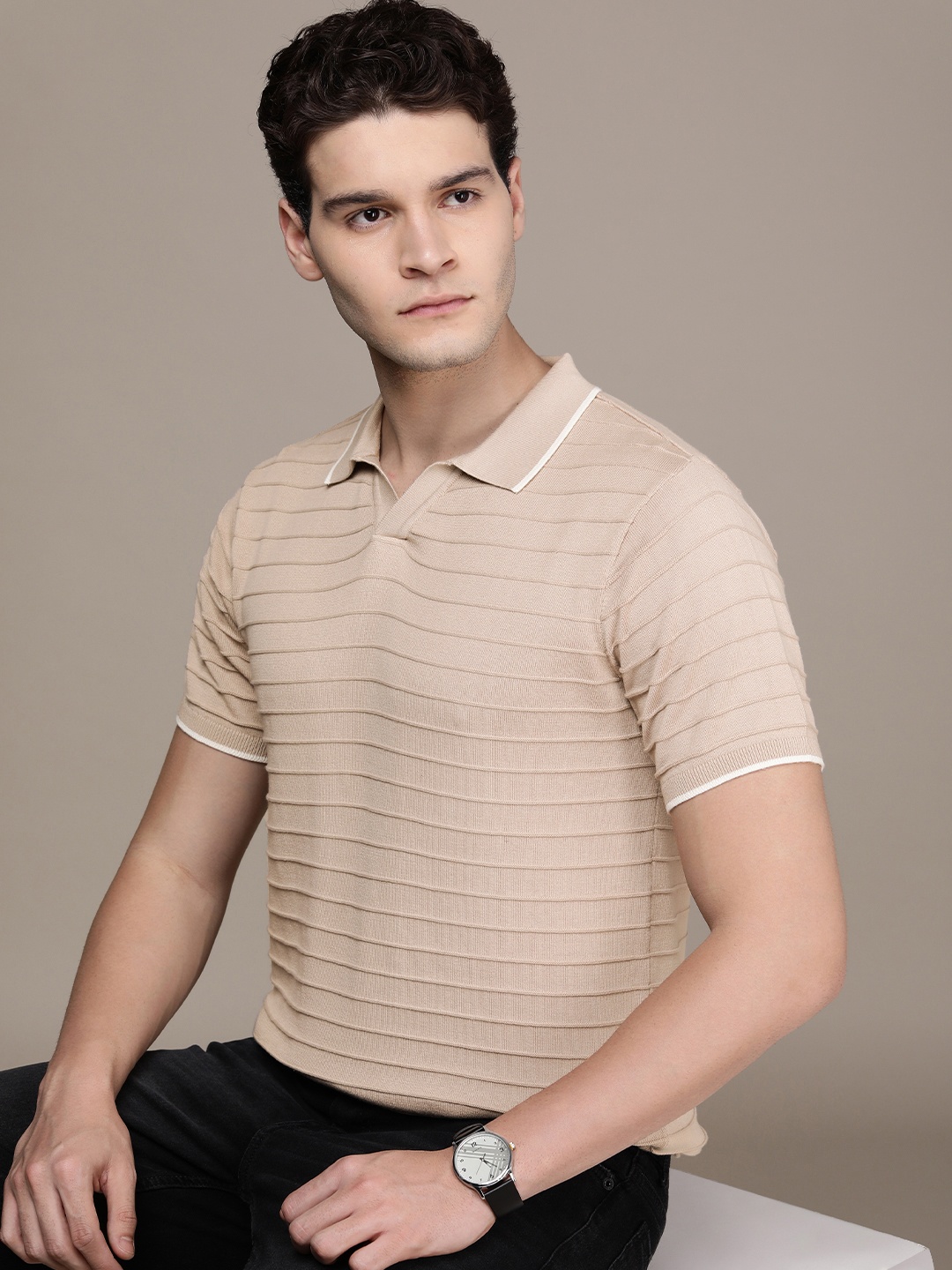 

French Connection Self Striped Polo Collar Pure Cotton T-shirt, Beige