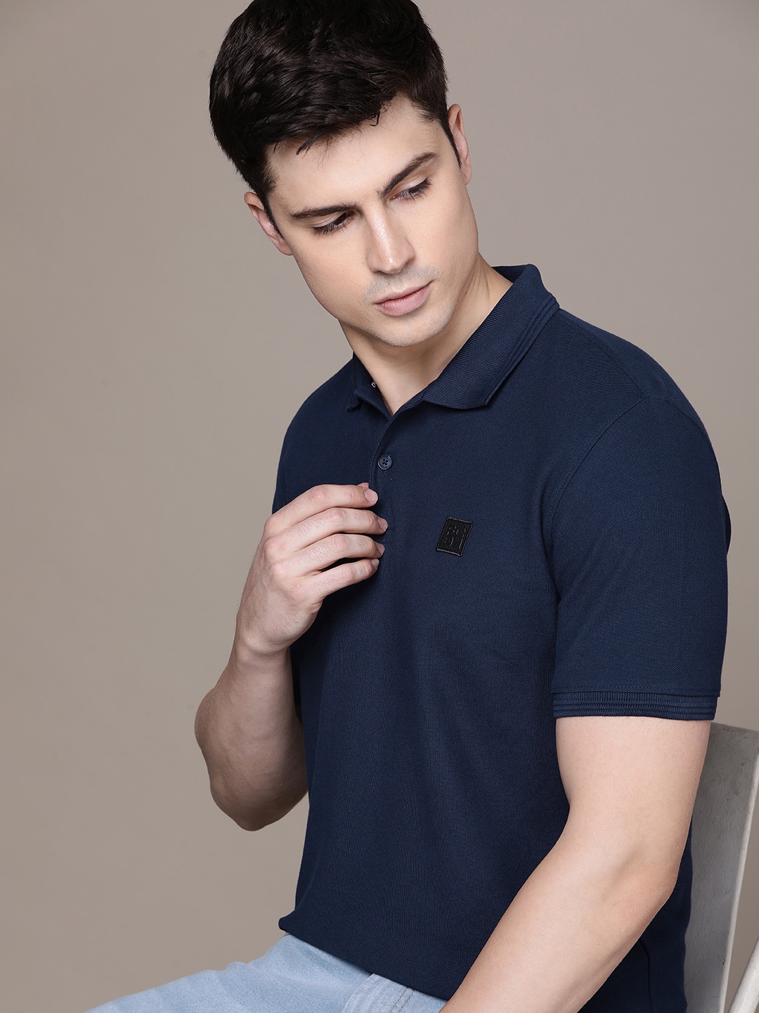 

French Connection Pure Cotton Polo Collar Solid Casual T-shirt, Navy blue