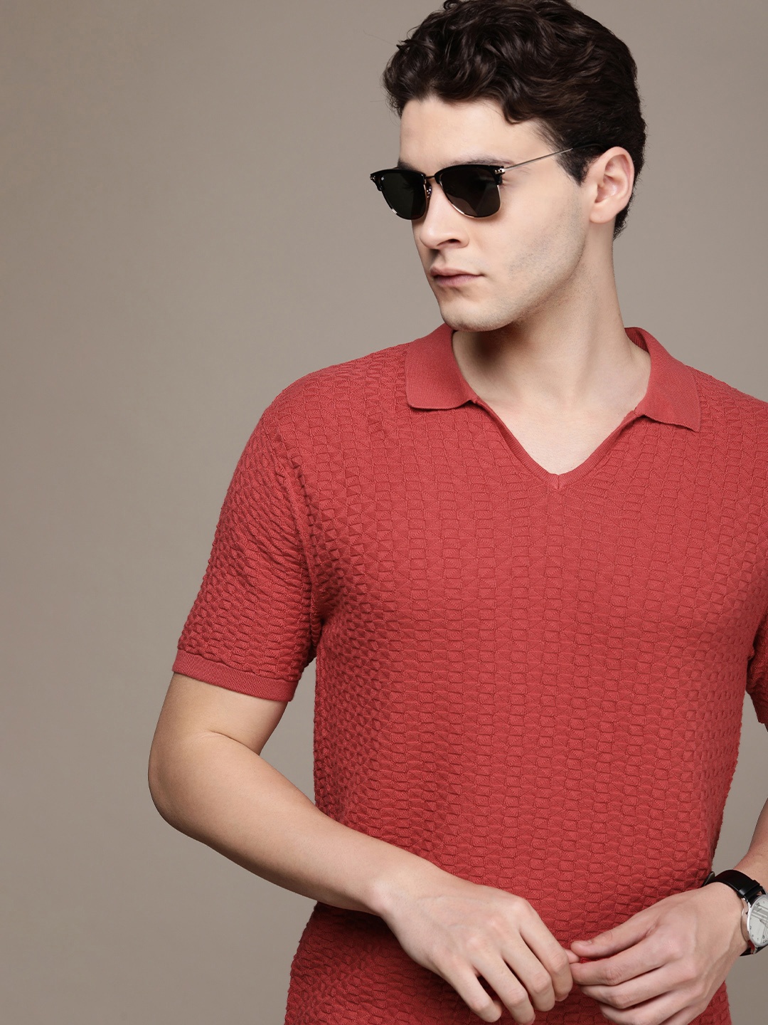 

French Connection Self Design Polo Collar Pure Cotton T-shirt, Red