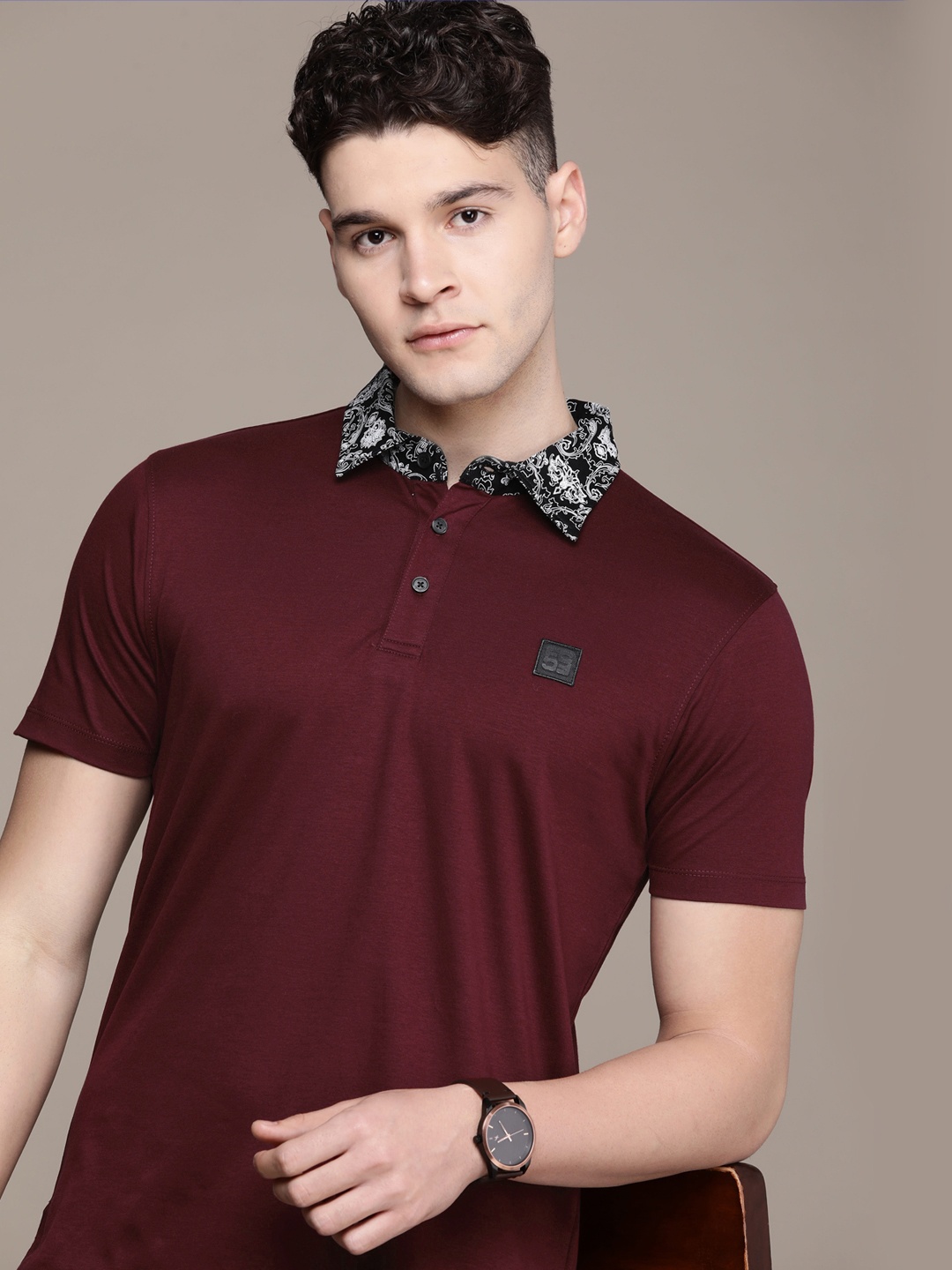 

French Connection Solid Polo Collar Pure Cotton T-shirt, Maroon