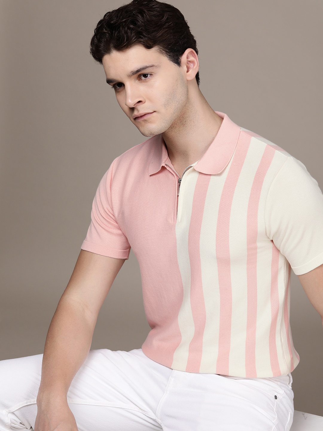 

French Connection Striped Polo Collar Pure Cotton T-shirt, Pink