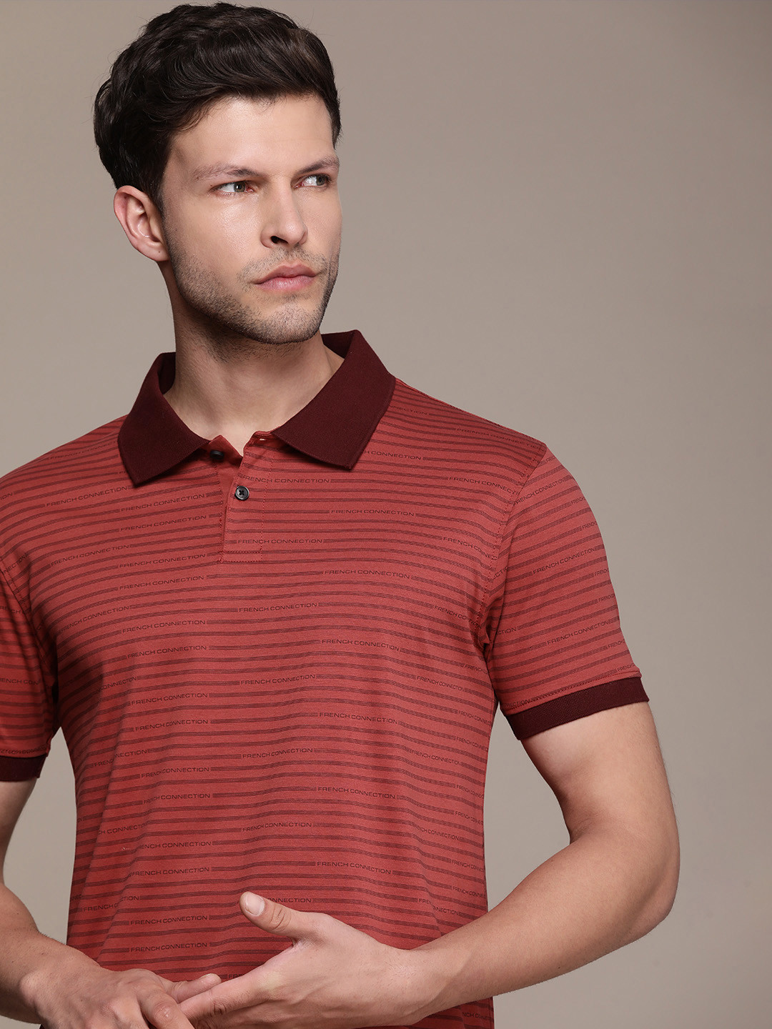 

French Connection Striped & Printed Polo Collar Pure Cotton T-shirt, Rust