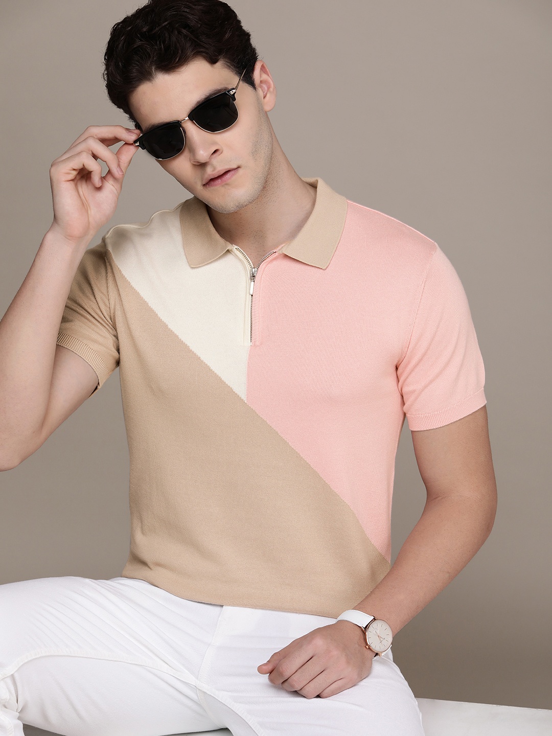 

French Connection Colourblocked Polo Collar Pure Cotton T-shirt, Pink