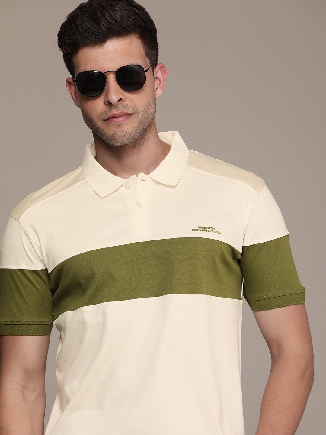 

French Connection Colourblocked Polo Collar Pure Cotton T-shirt, Off white