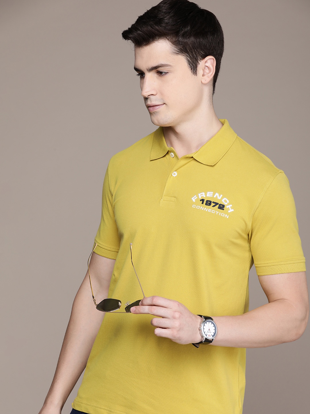 

French Connection Brand Logo Printed Polo Collar Casual T-shirt, Mustard