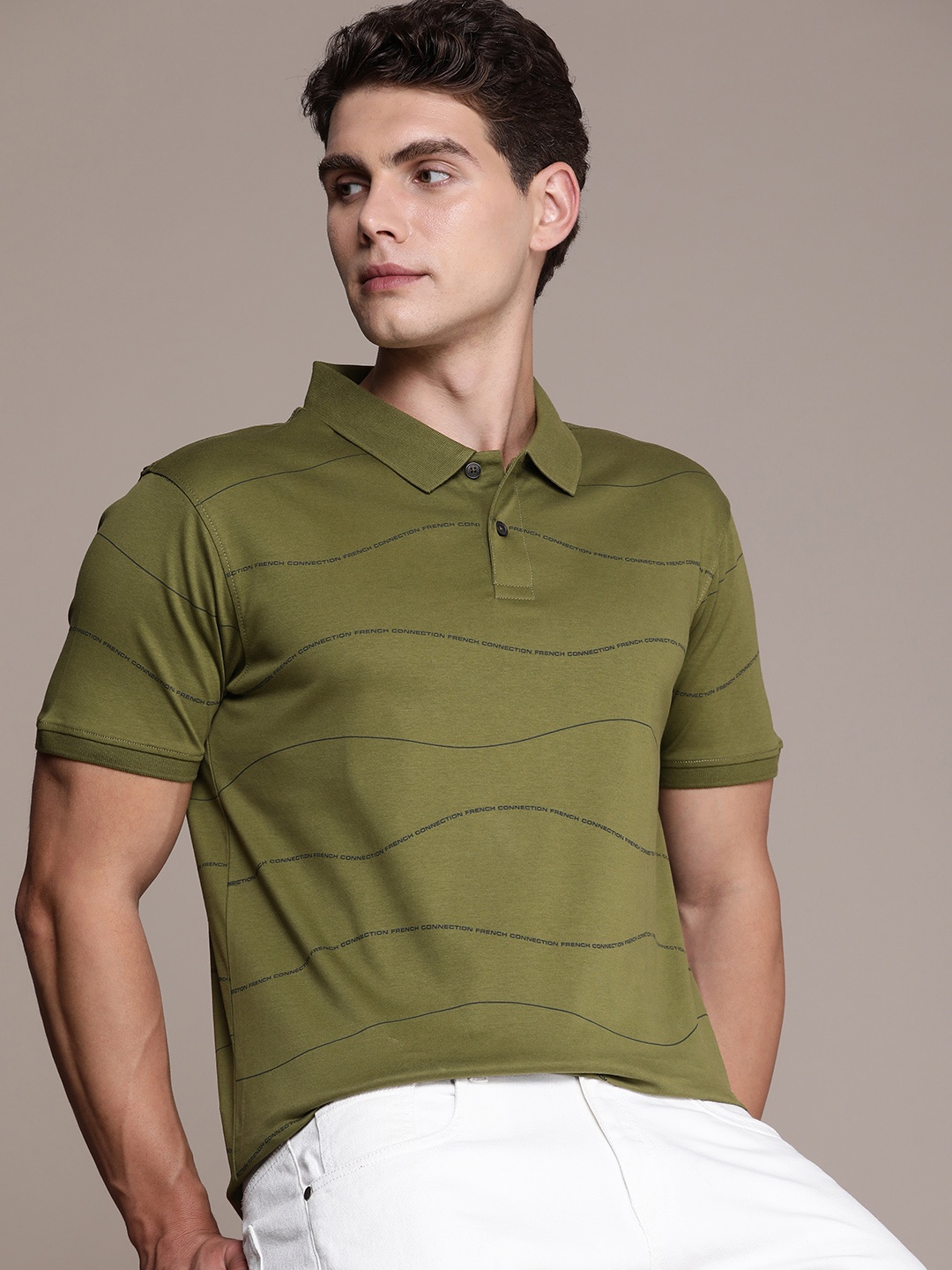 

French Connection Men Brand Logo Printed Polo Collar Pure Cotton T-shirt, Olive