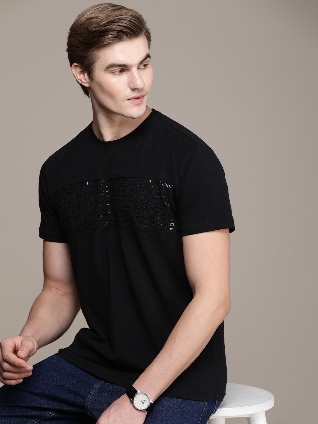 

French Connection Round Neck Brand Logo Printed T-shirt, Black