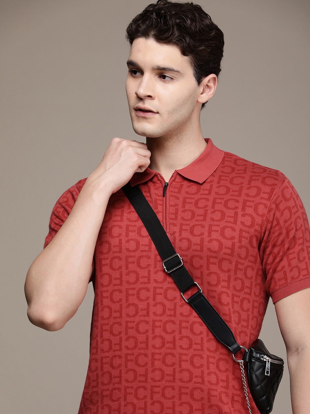 

French Connection Brand Logo Printed Polo Collar Pure Cotton T-shirt, Red