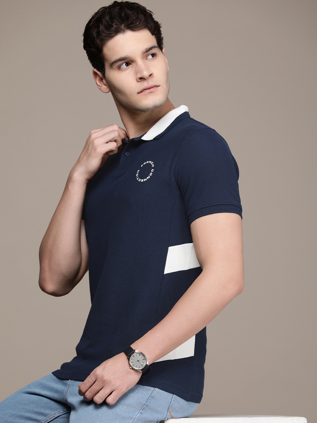 

French Connection Striped Detail Polo Collar Pure Cotton T-shirt, Navy blue