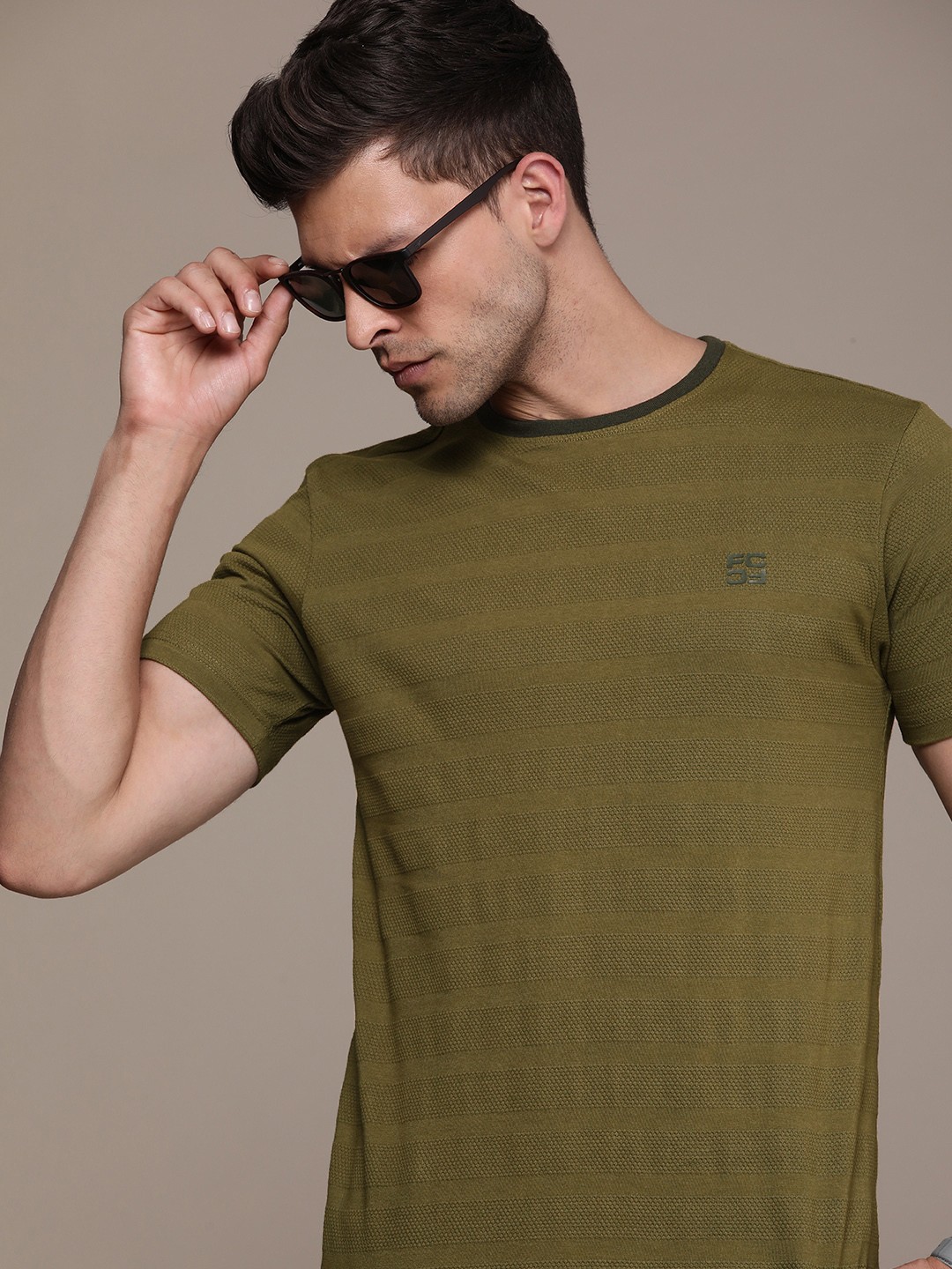 

French Connection Men Self Design Pure Cotton T-shirt, Olive
