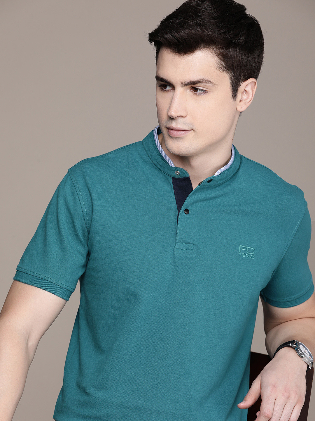 

French Connection Mandarin Collar Casual T-shirt, Teal