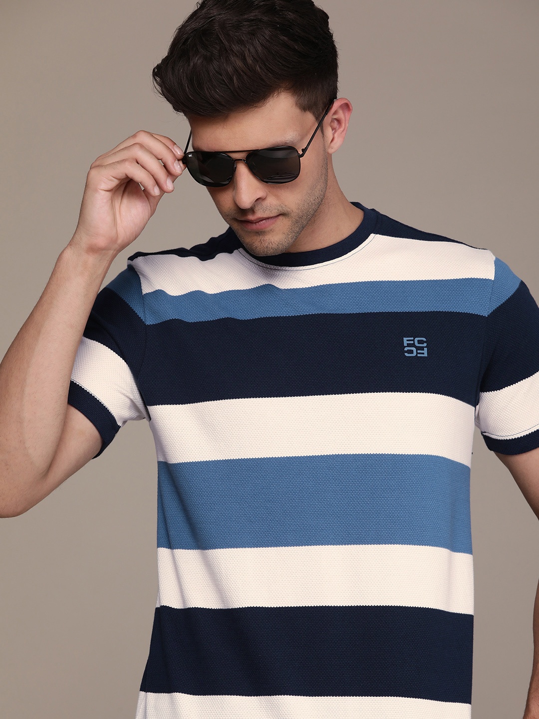 

French Connection Men Striped Pure Cotton T-shirt, Blue