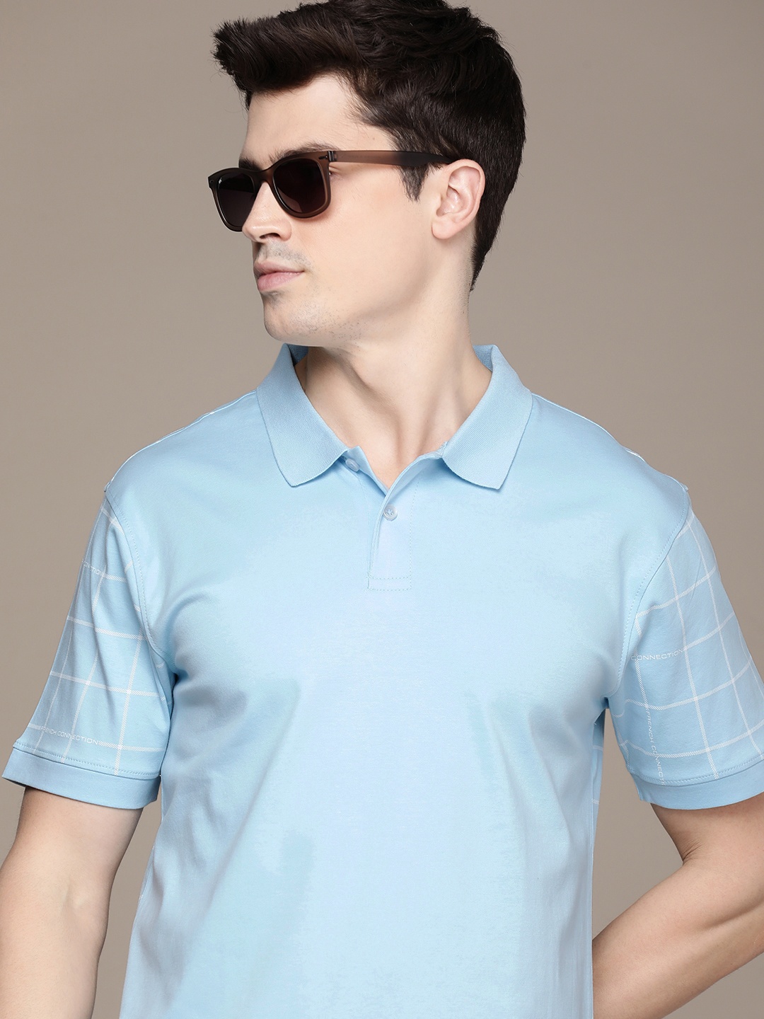 

French Connection Checked Polo Collar Pure Cotton T-shirt, Blue