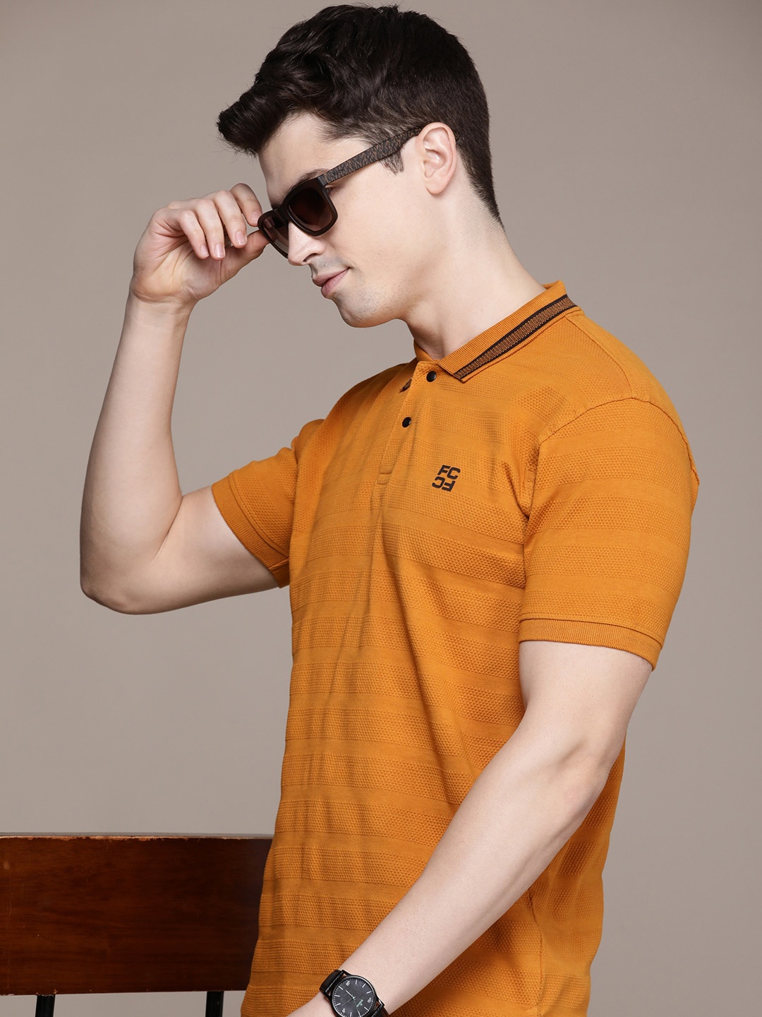 

French Connection Self Design Polo Collar Pure Cotton T-shirt, Mustard