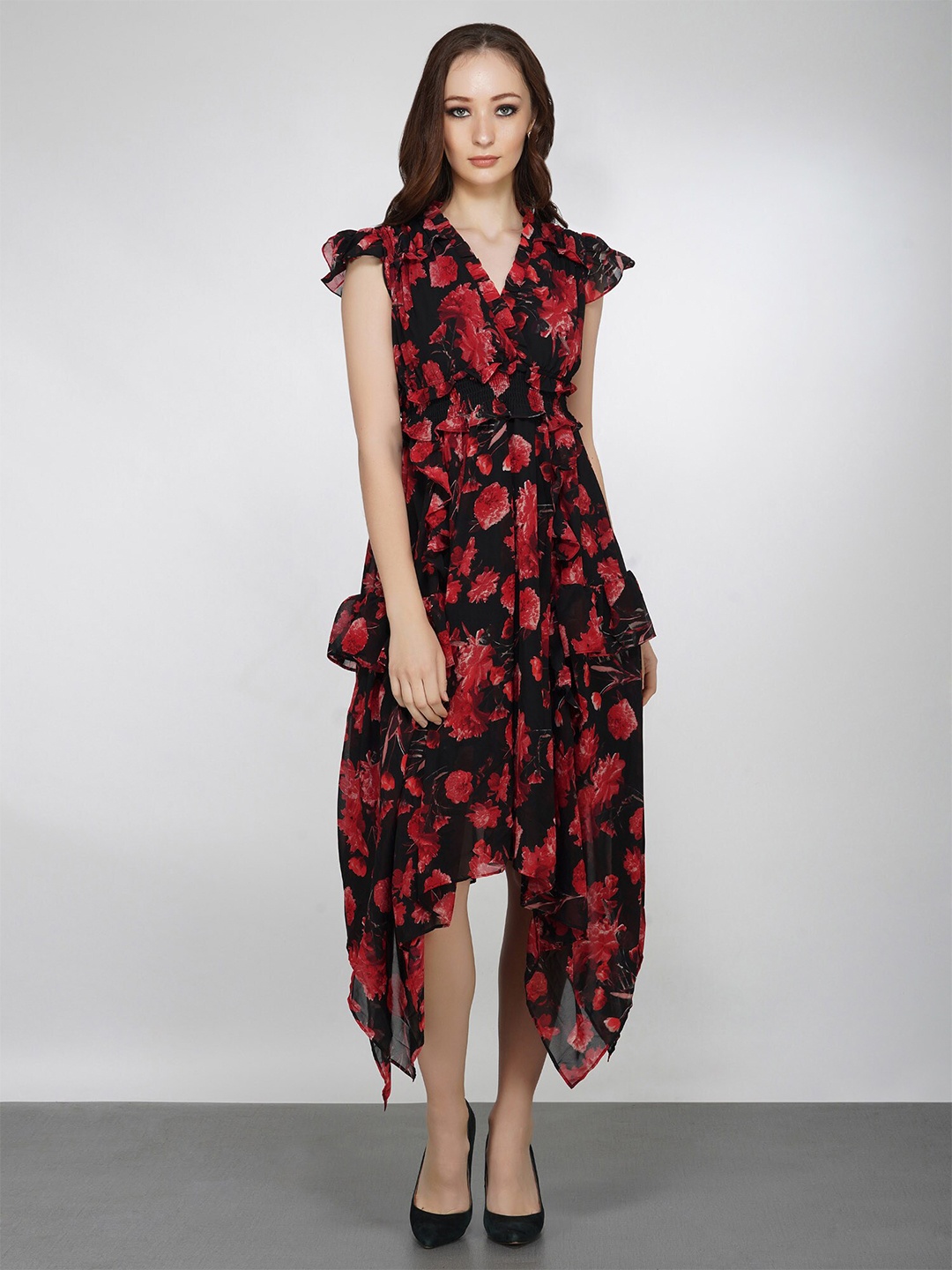 

ATTIC SALT Floral Printed Flutter Sleeves Smocked Fit & Flare Midi Dress, Red