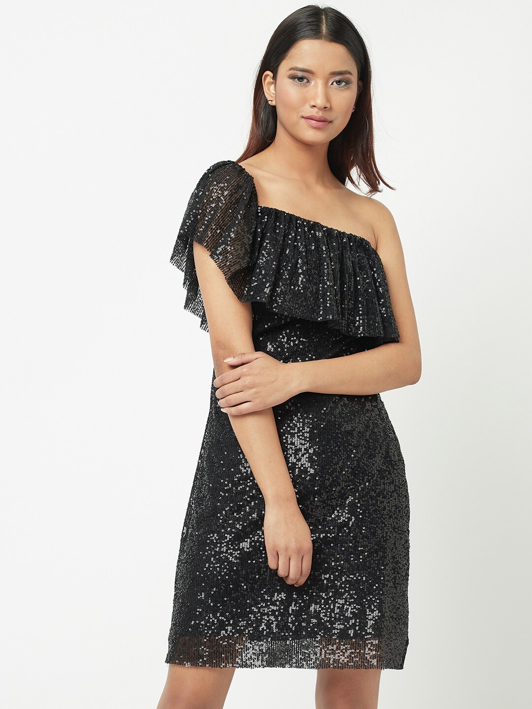 

ATTIC SALT One Shoulder Flutter Sleeve Sheath Dress, Black