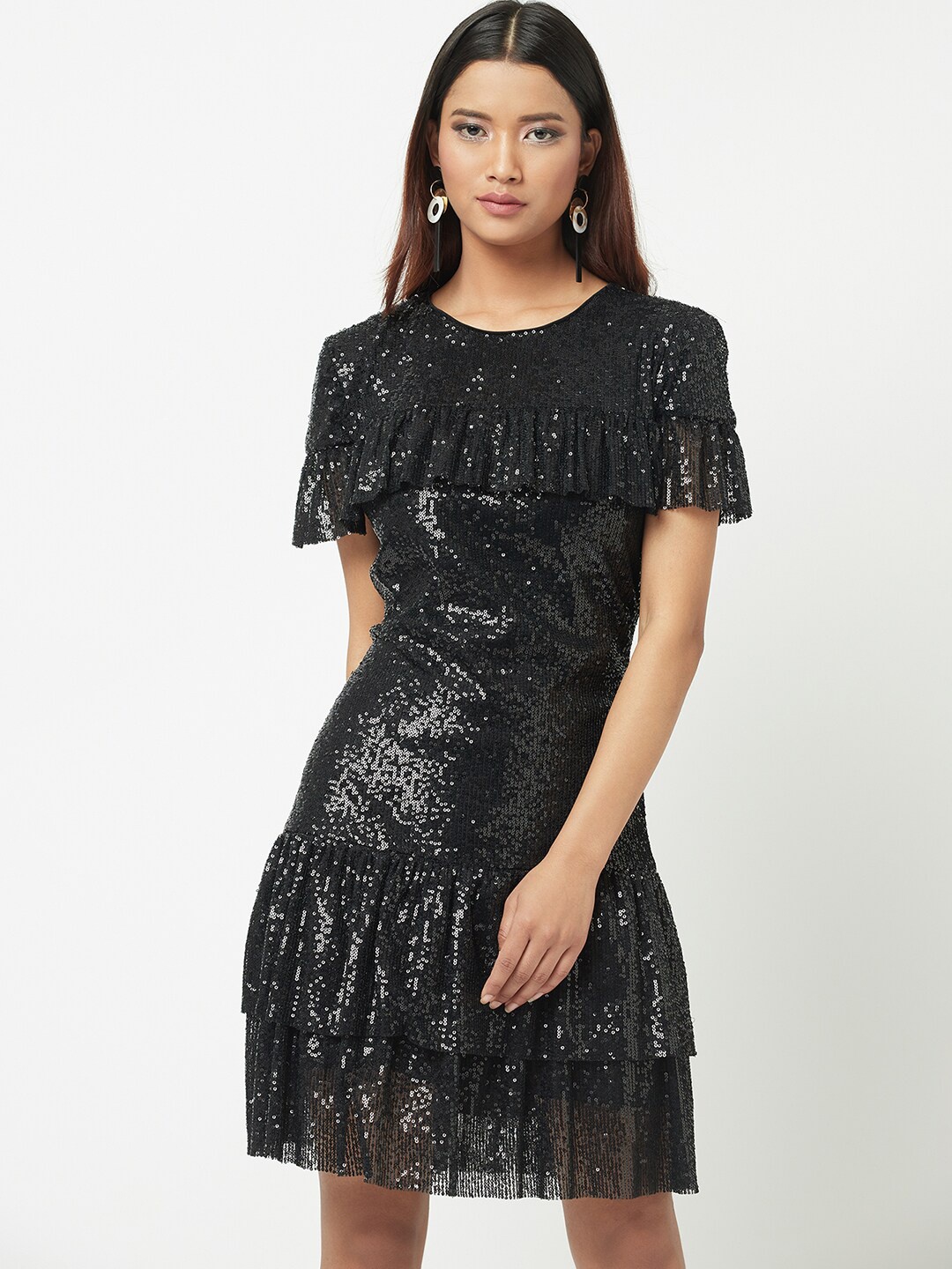 

ATTIC SALT Flutter Sleeves Ruffled Fit & Flare Dress, Black