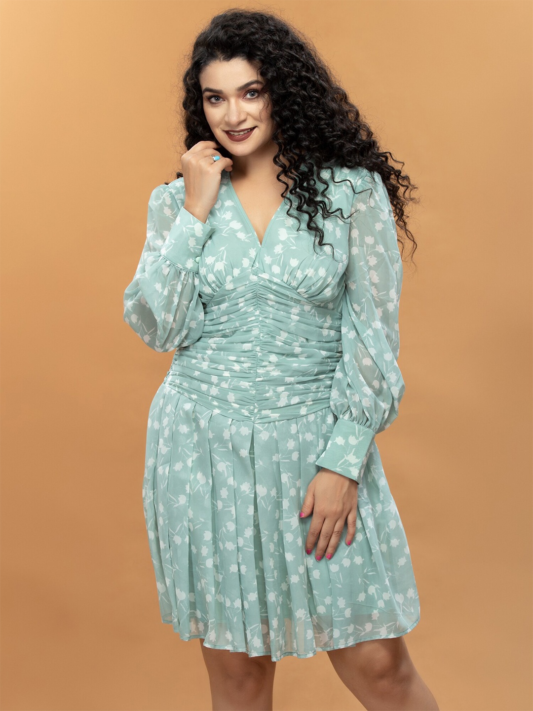 

ATTIC SALT Floral Printed Ruched Empire Dress, Green