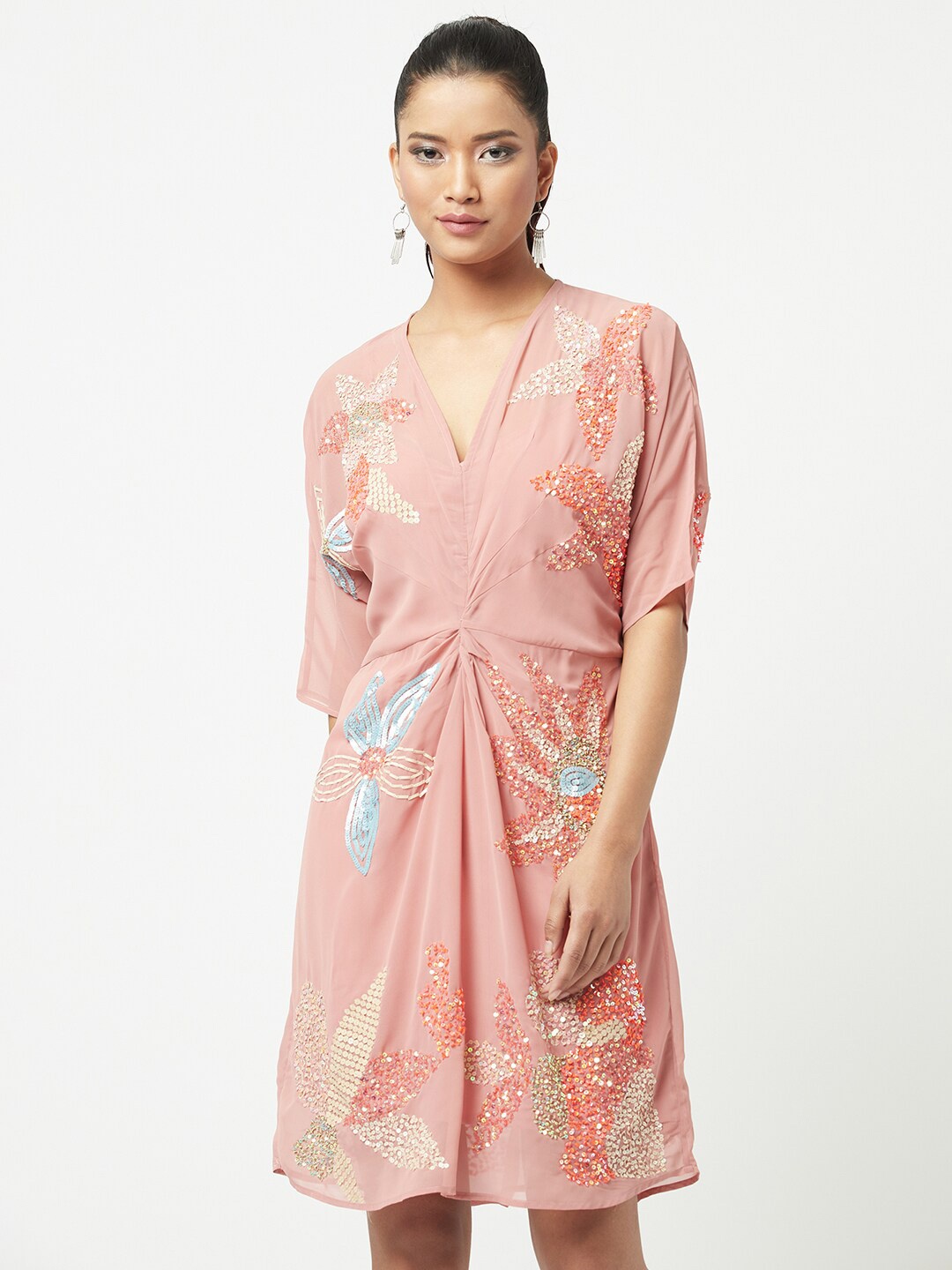 

ATTIC SALT Floral Embroidered Sequined A-Line Dress, Pink