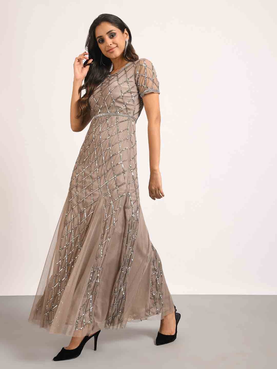 

ATTIC SALT Embellished Maxi Dress, Beige