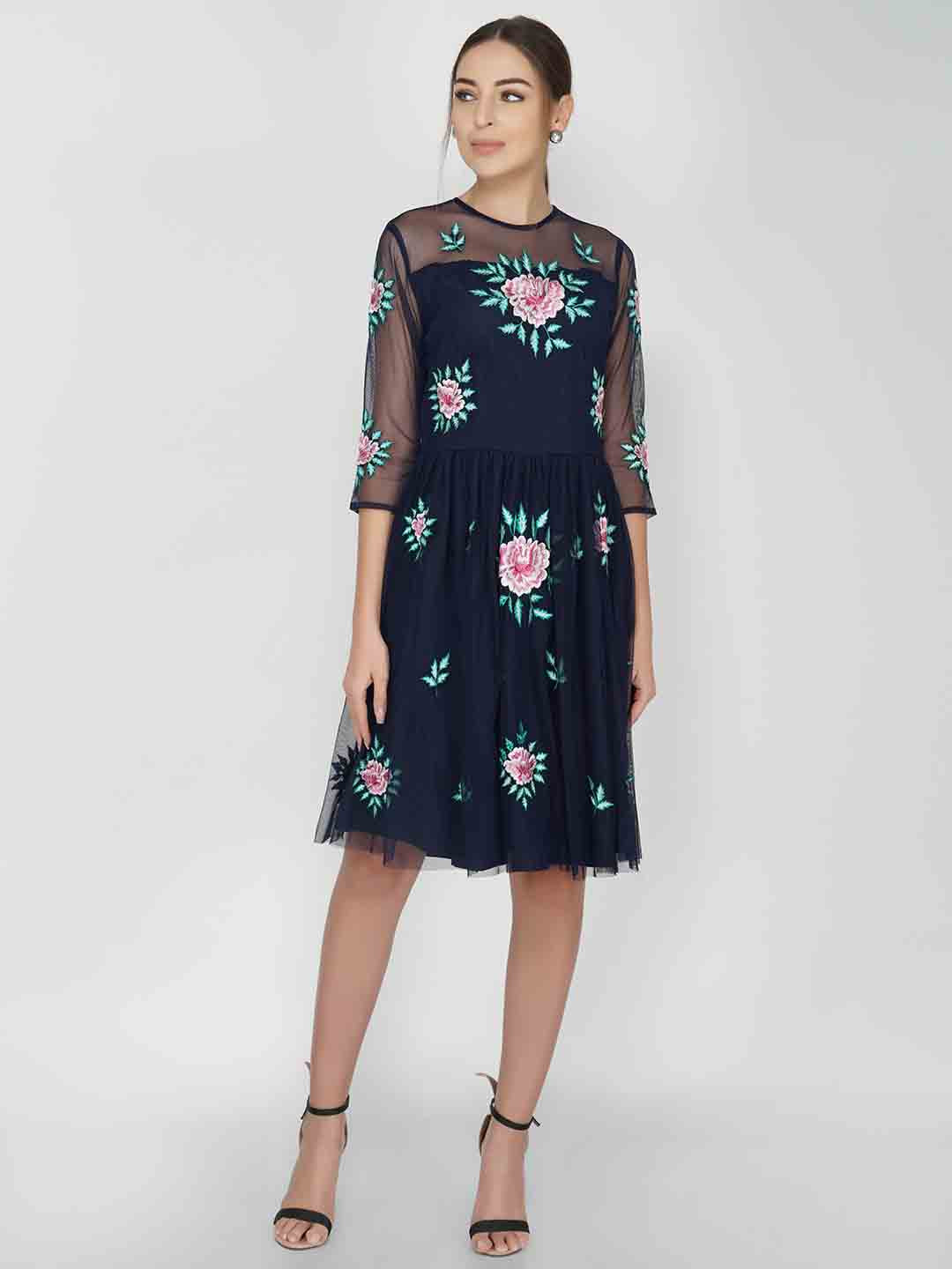 

ATTIC SALT Floral Embroidered Fit & Flare Dress, Navy blue