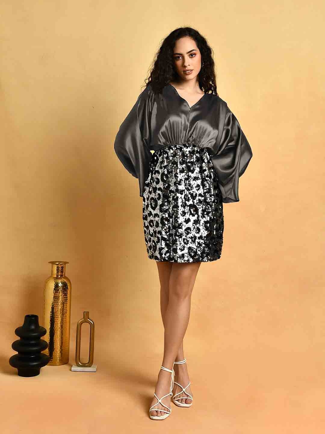 

ATTIC SALT Embellished Kimono Sleeves Sheath Dress, Grey