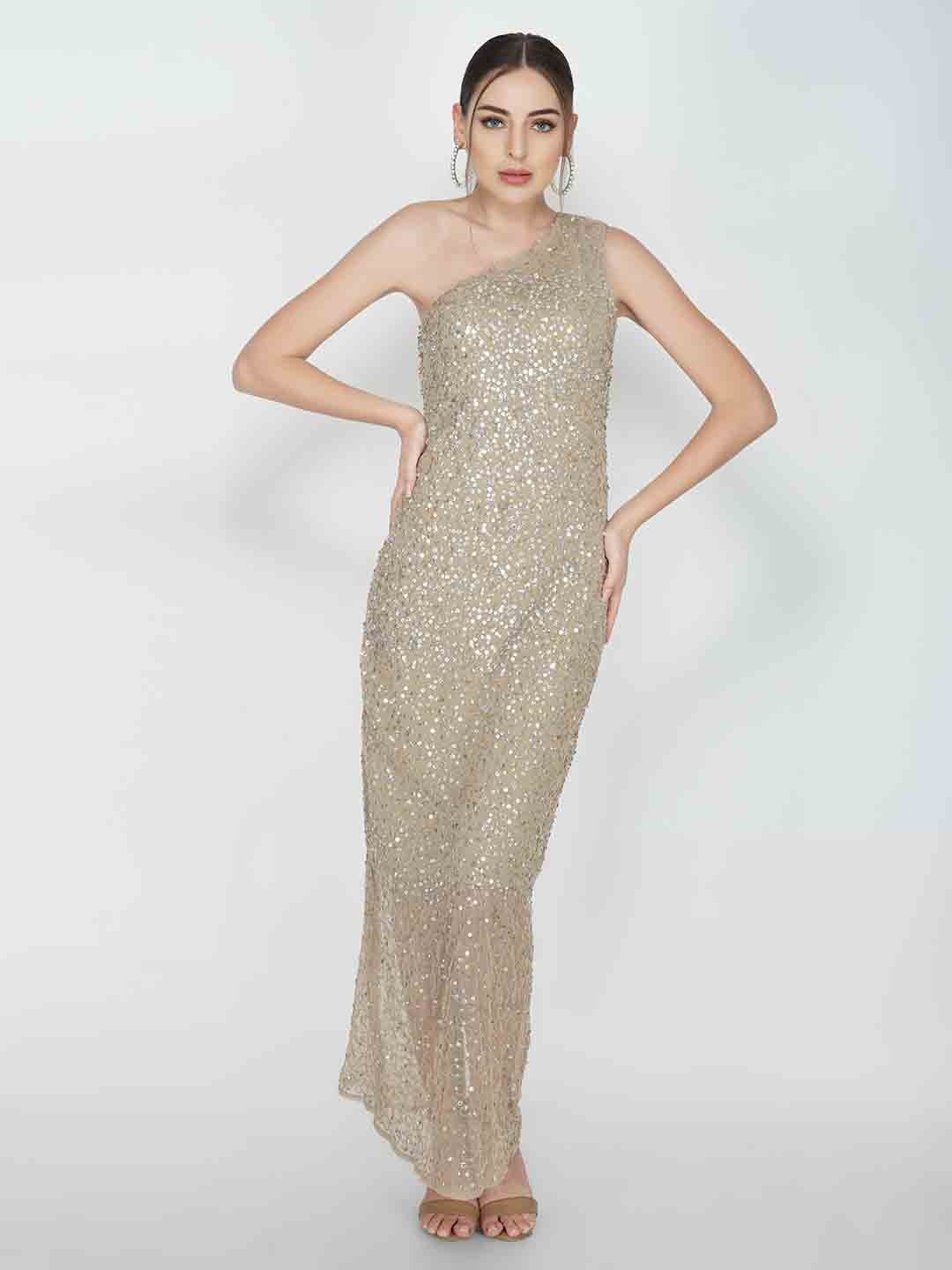 

ATTIC SALT One Shoulder Embellished Maxi Dress, Beige
