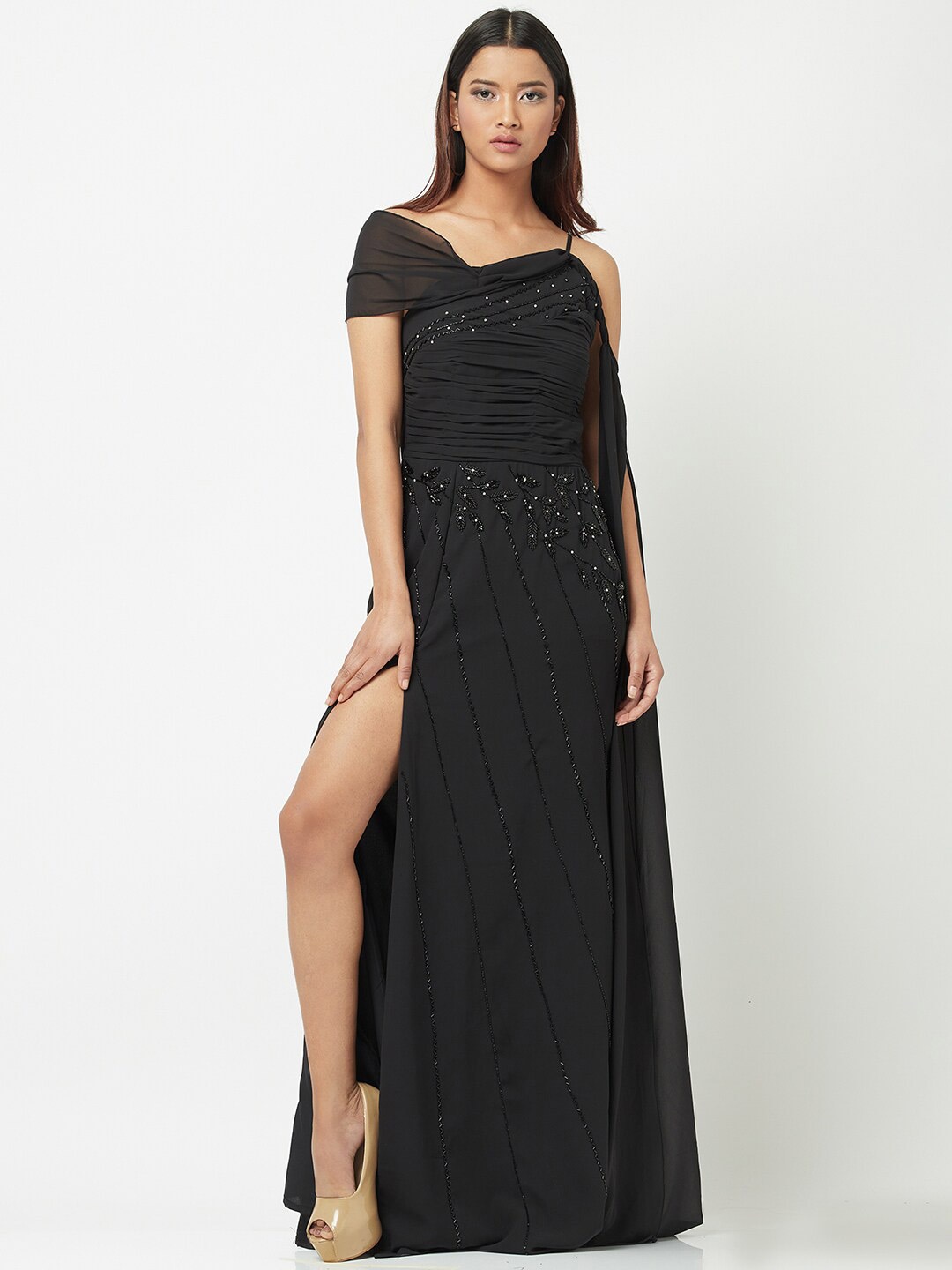 

ATTIC SALT Embellished Ruched Fit & Flare Maxi Dress, Black