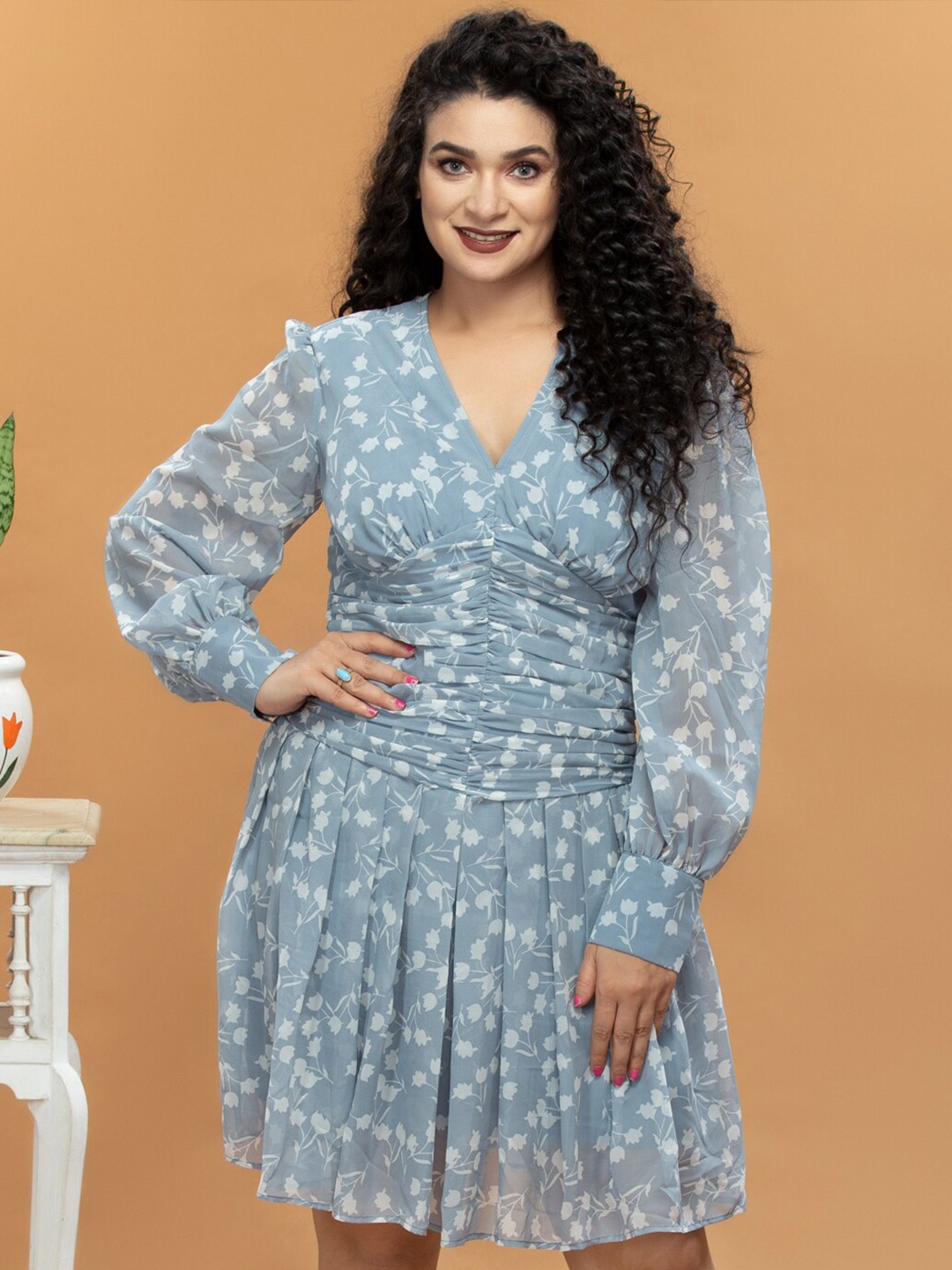 

ATTIC SALT Floral Printed Ruched Empire Dress, Blue