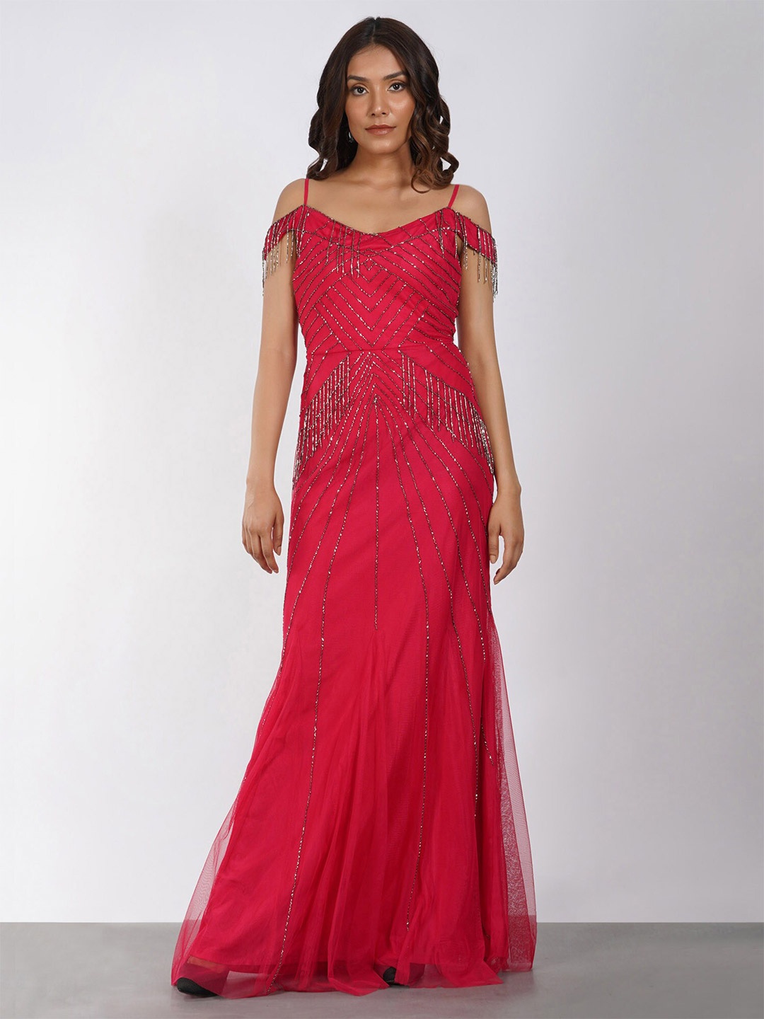 

ATTIC SALT V-Neck Beaded Embellished Maxi Dress, Red