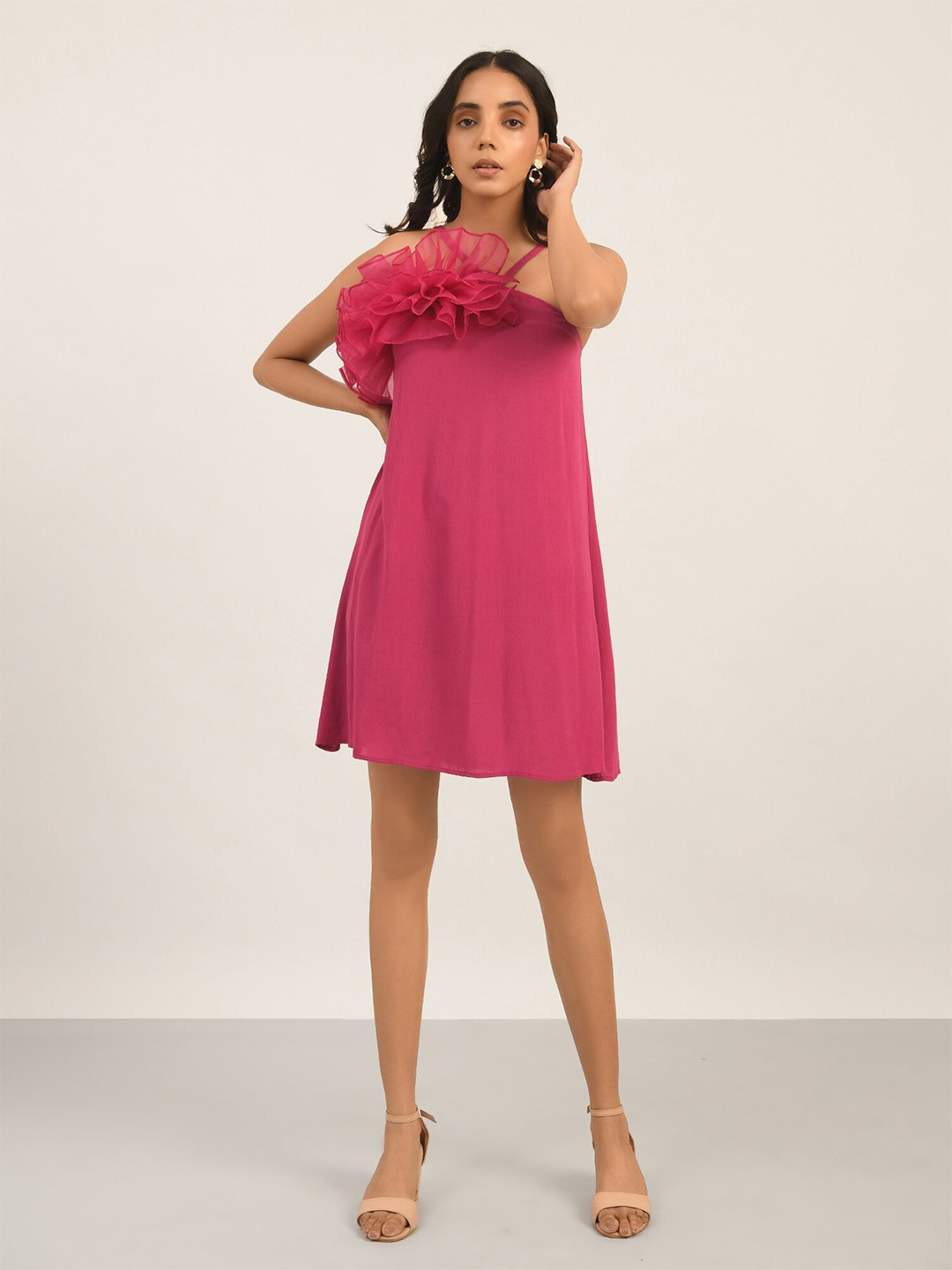 

ATTIC SALT Shoulder Strap Ruffled A-Line Dress, Pink