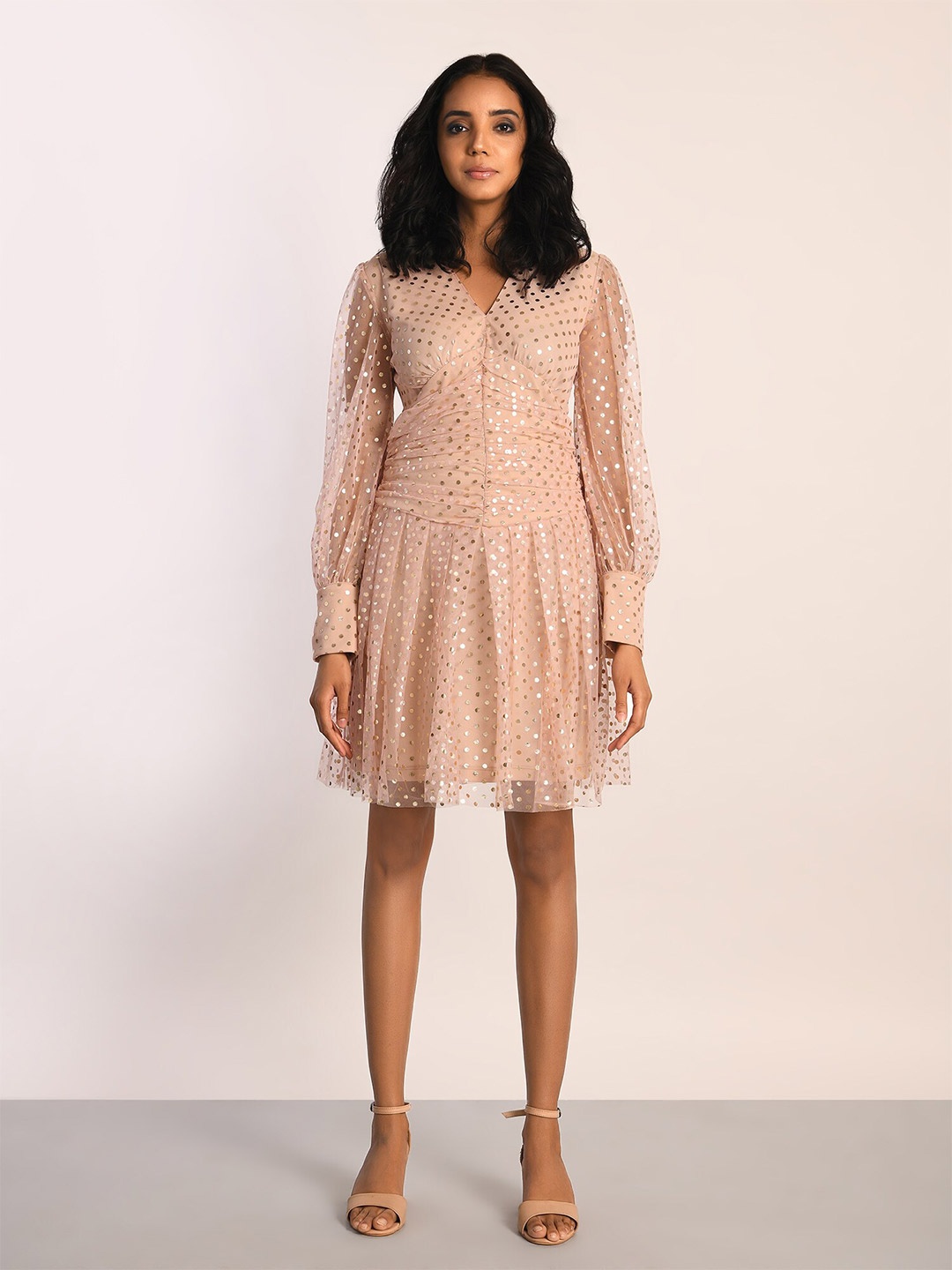 

ATTIC SALT Polka Dots Printed Ruched Empire Dress, Copper