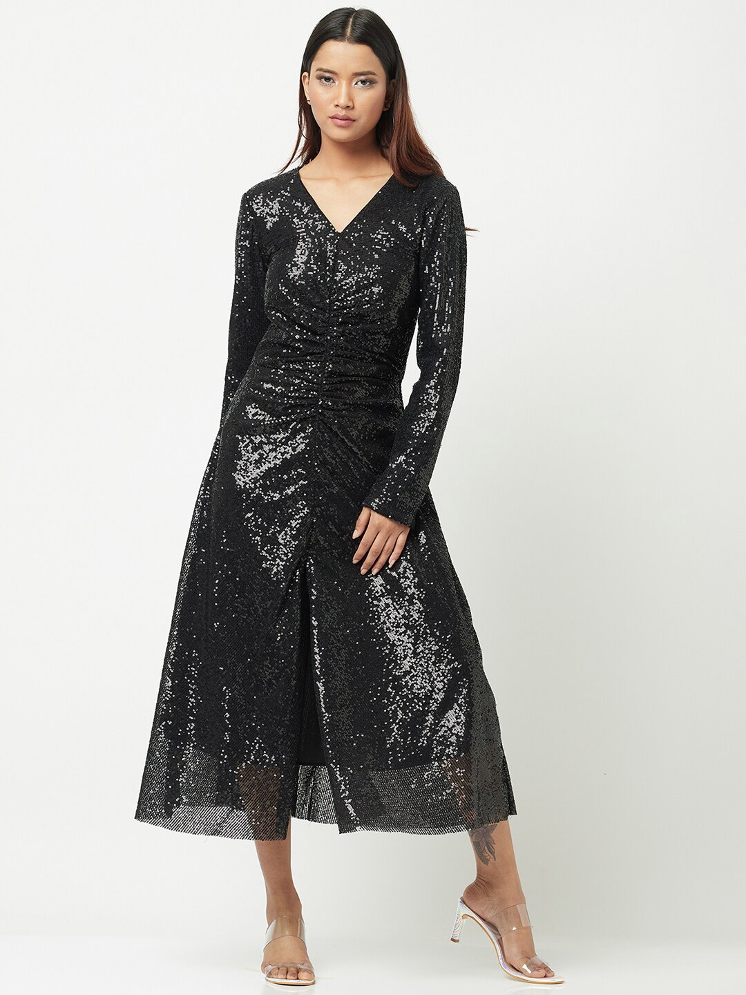 

ATTIC SALT Sequin Embellished Ruched A-Line Midi Dress, Black