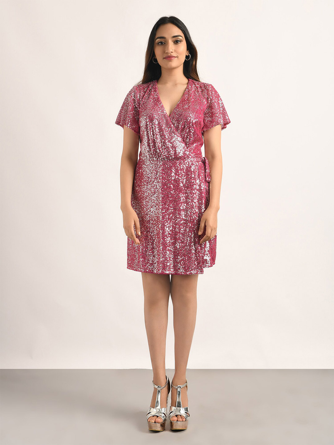 

ATTIC SALT V-Neck Embellished Dress, Pink