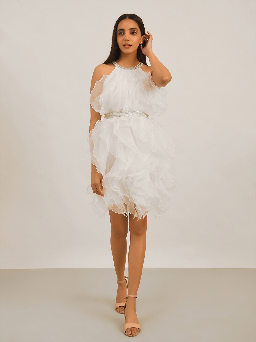 

ATTIC SALT Self Design Ruffled Sheath Dress, White